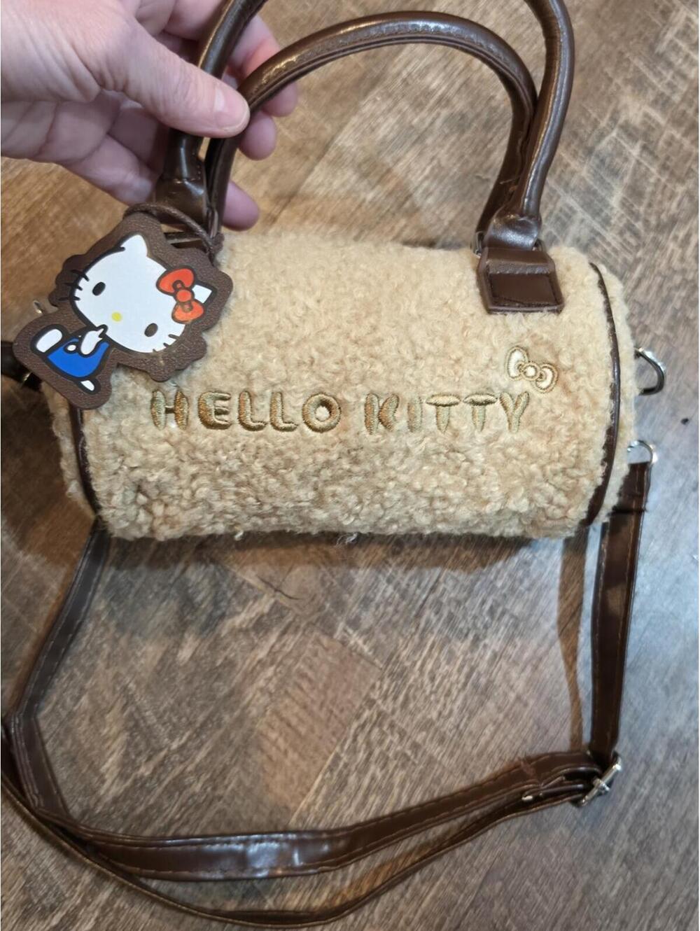 Hello Kitty Faux Shearling Barrel Crossbody Bag - Beige and Brown